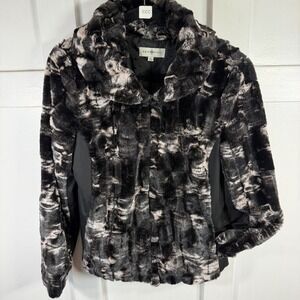 Kate & Rosy Womens Faux Fur Marbled Jacket Black White XL Shawl Collar Plush